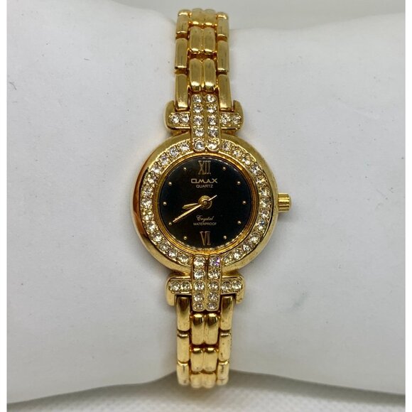 Omax gold tone women watch 22mm round rhinestones quartz analog 7” running - Picture 1 of 8